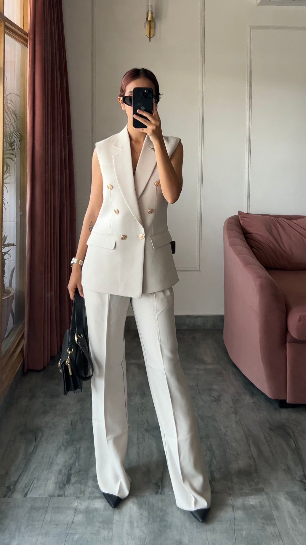 Pleated High Waist Trousers- Egg White with minimal stripe detailing