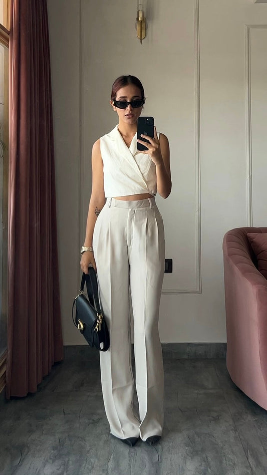 Pleated High Waist Trousers- Egg White with minimal stripe detailing
