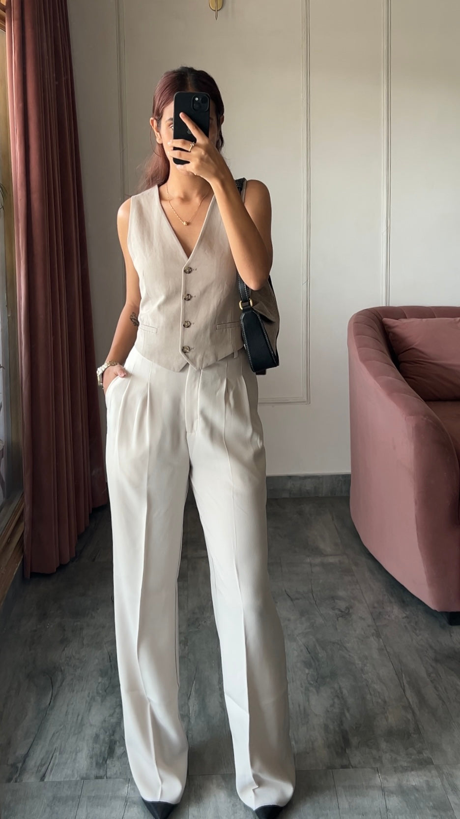 Pleated High Waist Trousers- Egg White with minimal stripe detailing
