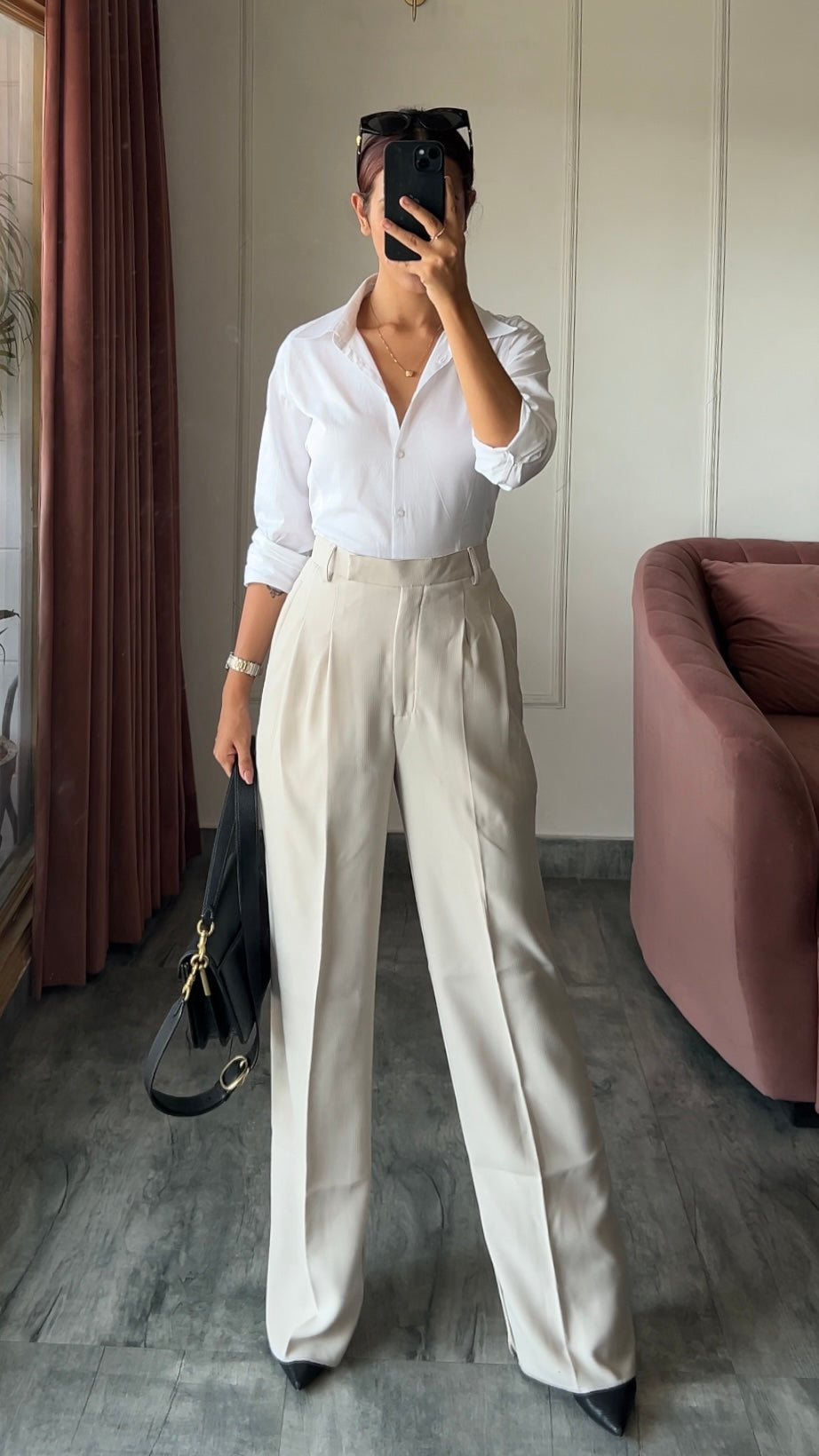 Pleated High Waist Trousers- Egg White with minimal stripe detailing