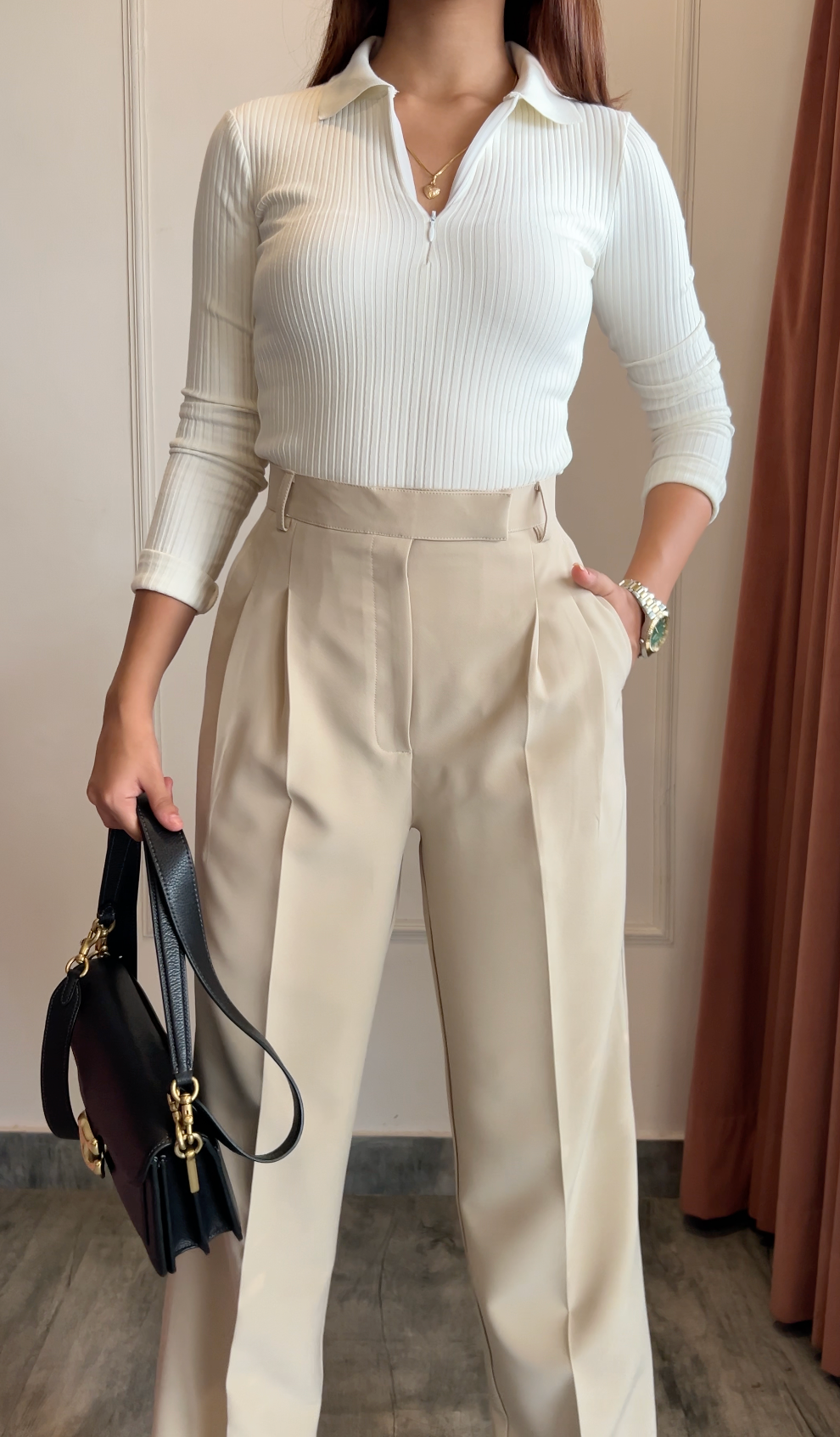 Pleated High Waist Trousers- Egg White