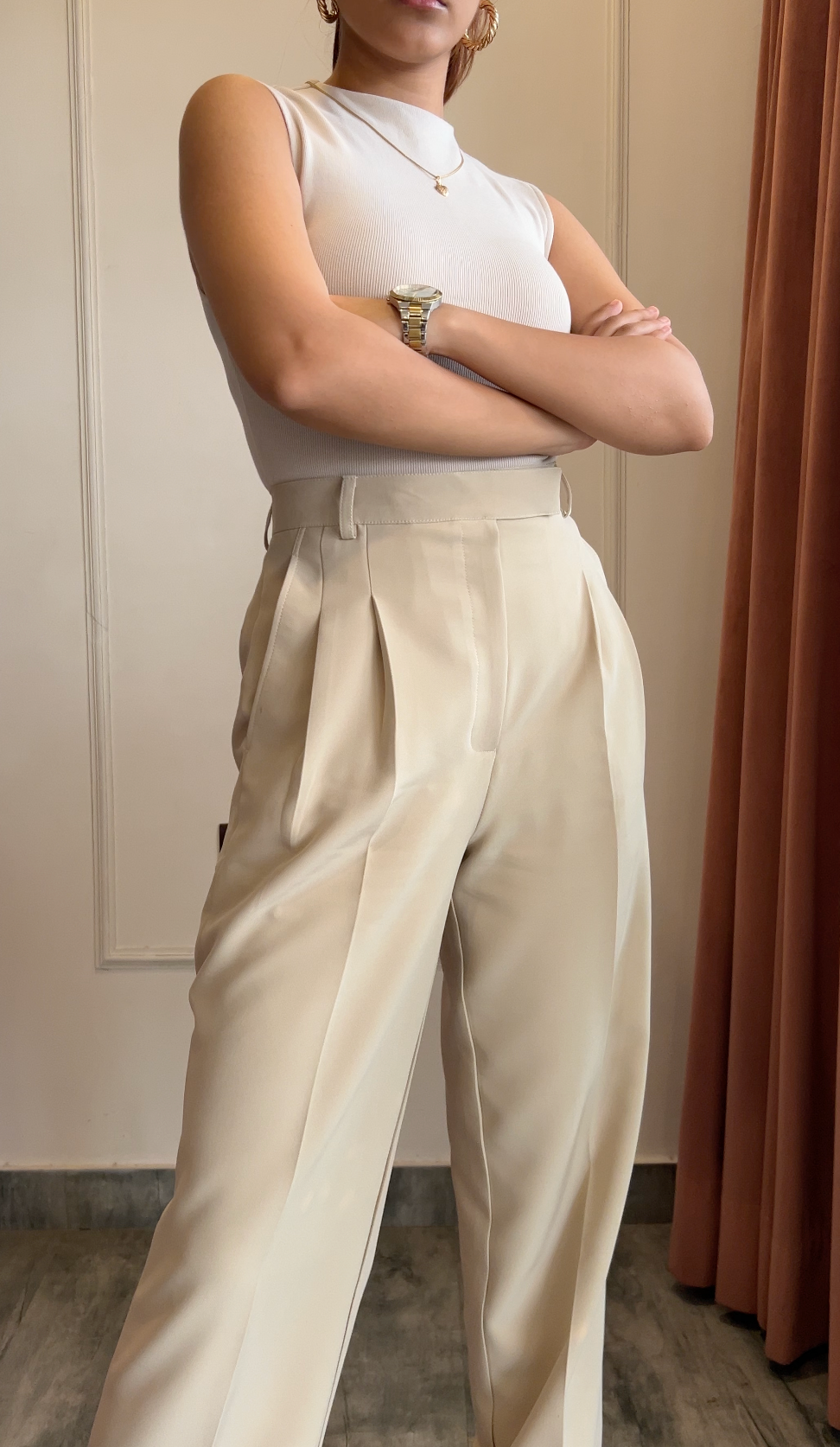 Pleated High Waist Trousers- Egg White
