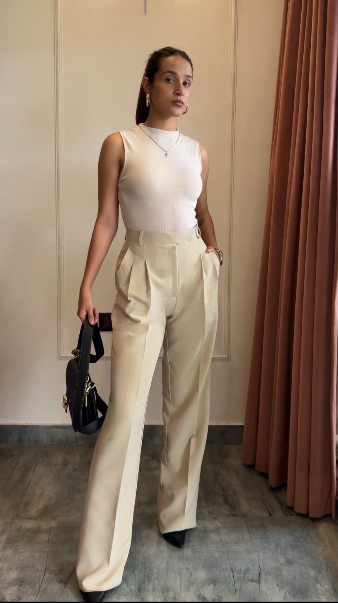 Pleated High Waist Trousers- Egg White