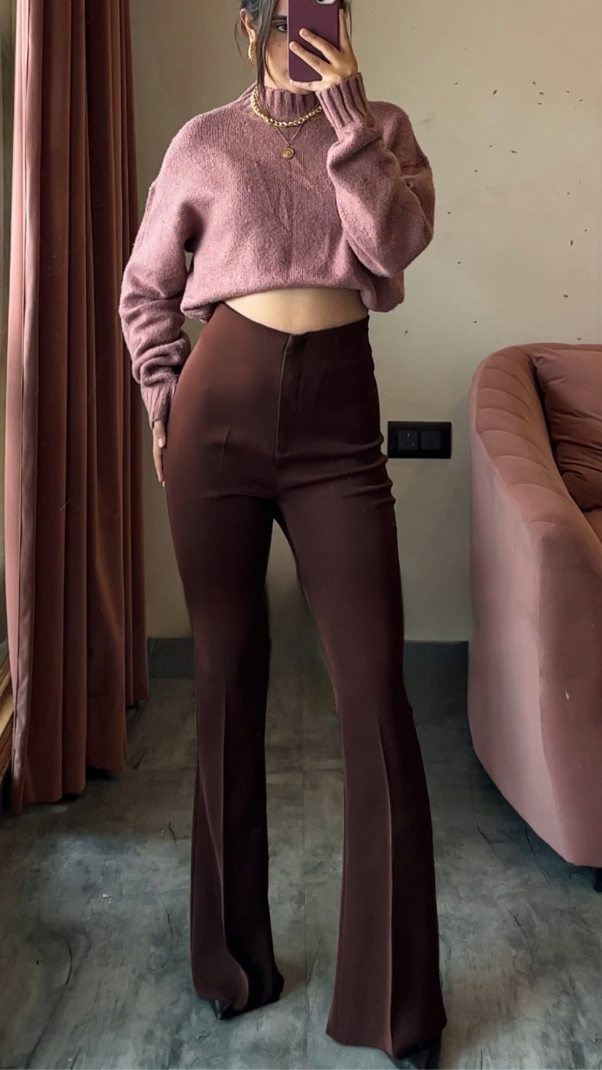 Sculpted High Waist Flared Trousers - Chocolate Brown