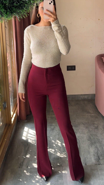 Limited Holiday Edition- Sculpted High Waist Flared Trousers: Cherry Red