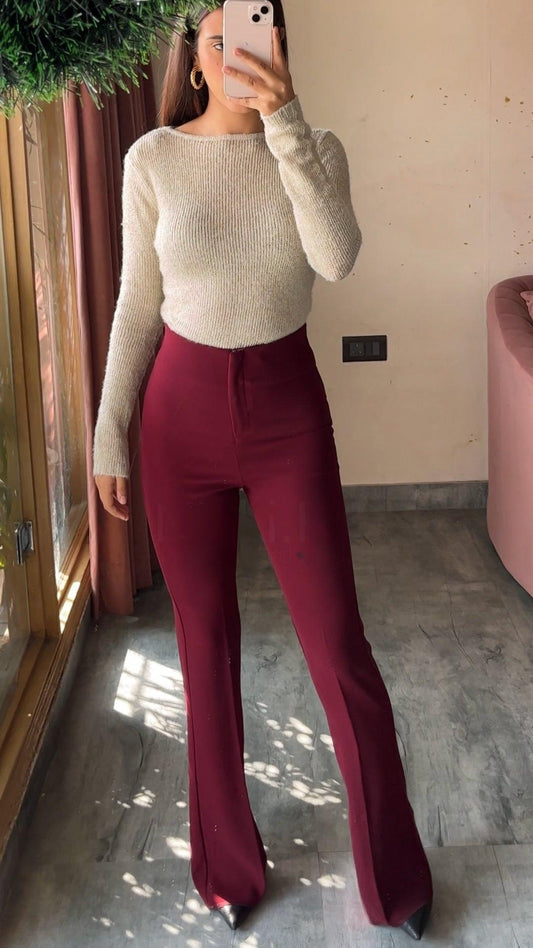 Limited Holiday Edition- Sculpted High Waist Flared Trousers: Cherry Red