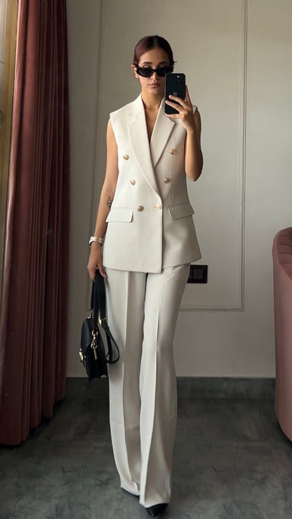Pleated High Waist Trousers- Egg White with minimal stripe detailing