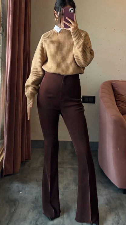 Sculpted High Waist Flared Trousers - Chocolate Brown