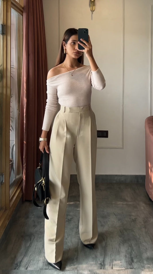 Pleated High Waist Trousers- Egg White